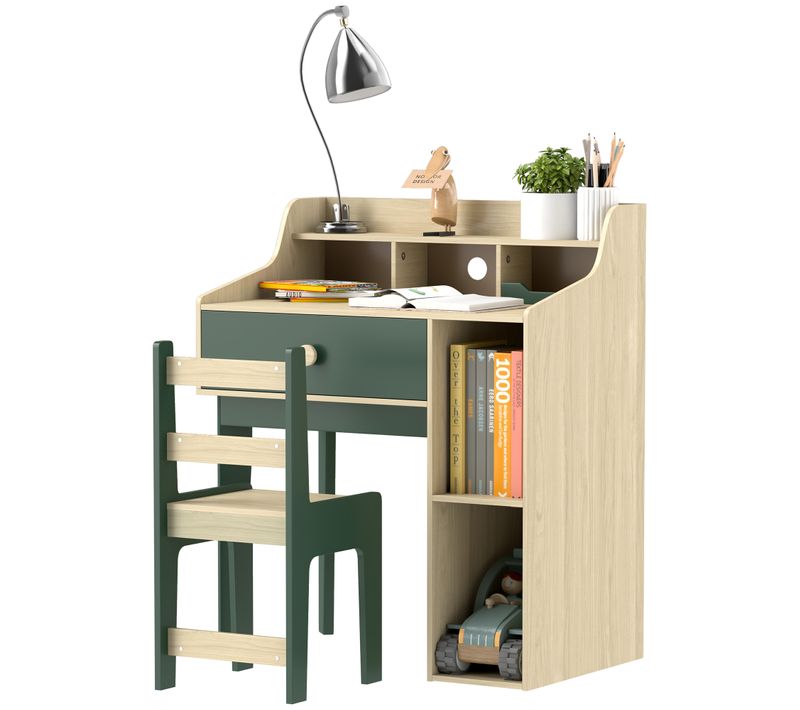 Ensemble Bureau Chaise Enfant Style Néo-rétro - Tiroir, Étagère, 5 Niches - Aspect Bois Vert