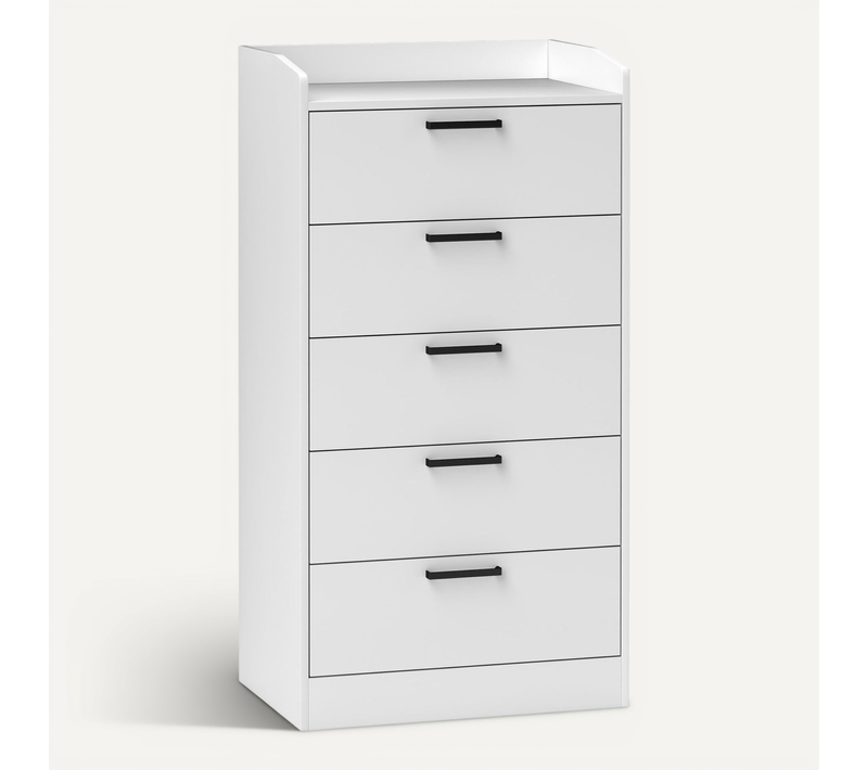 Commode 5 Tiroirs Et Plateau - Rangement Bureau - Poignées Métal Noir Blanc