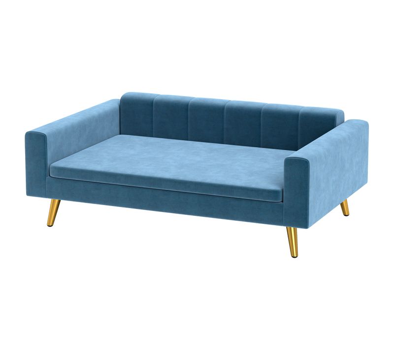 Canapé Chien Style Art Déco - Coussin - Acier Doré Velours Bleu