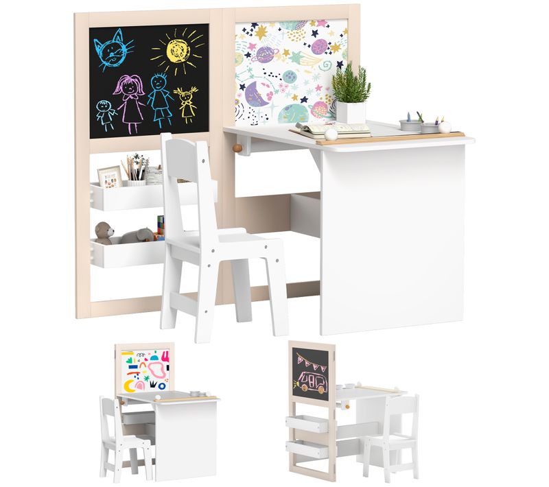 Ensemble Table Chaise Tableaux Pliables Enfant Multi-rangement Beige Blanc