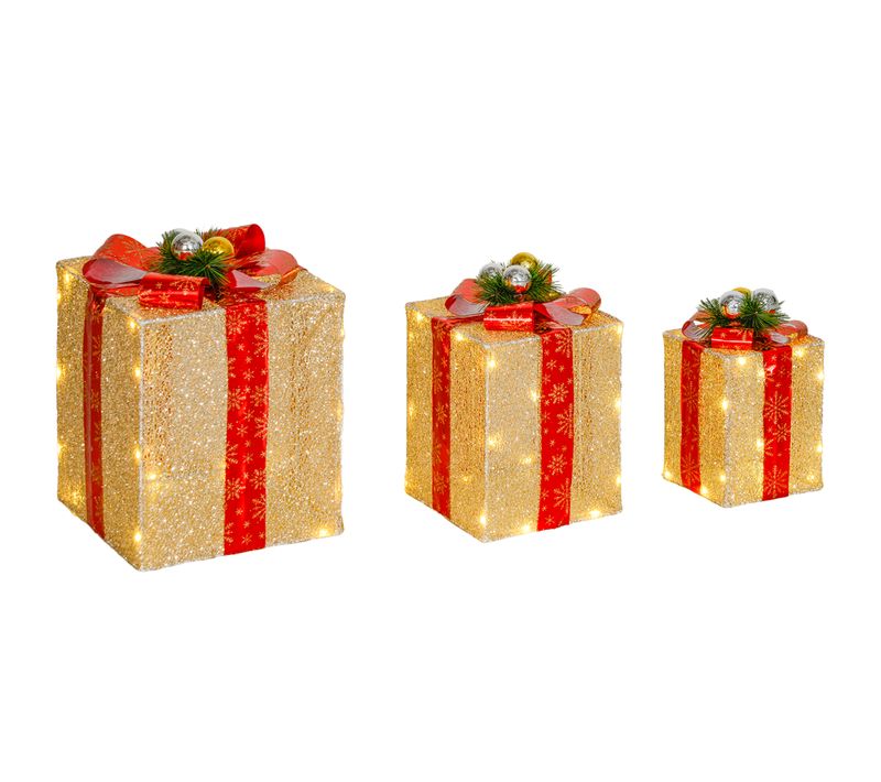 Lot De 3 Boîtes Cadeaux Noël Lumineux Extérieur 58 LED Blanc Chaud 3 Noeuds Rouge