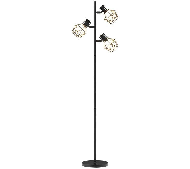 Lampadaire Design Industriel 3 Ampoules Abat-jour Cage Métal Noir H.169 Cm