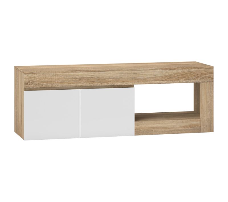 Meuble TV Style Moderne Bicolore 2 Portes Niche Blanc Effet Bois Naturel