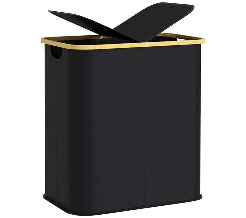 Panier à Linge Double Pliable 80l Non Tissé Noir Bambou