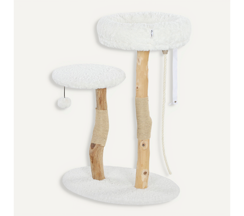 Arbre à Chat Style Bohème Chic H.85 Cm Bois Naturel Effet Laine Bouclée