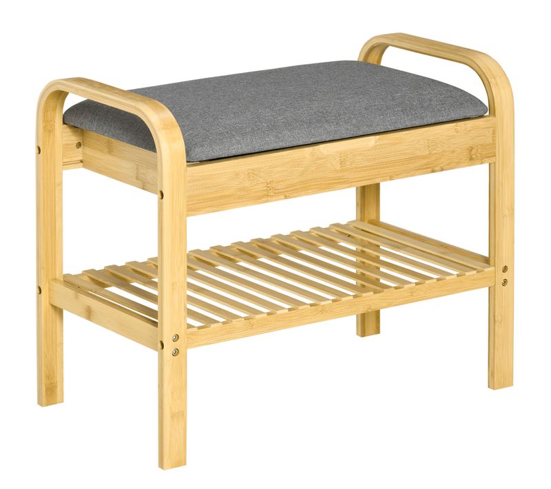 Banc à Chaussures Coffre Style Cosy Chic Bois Bambou Verni Tissu Gris