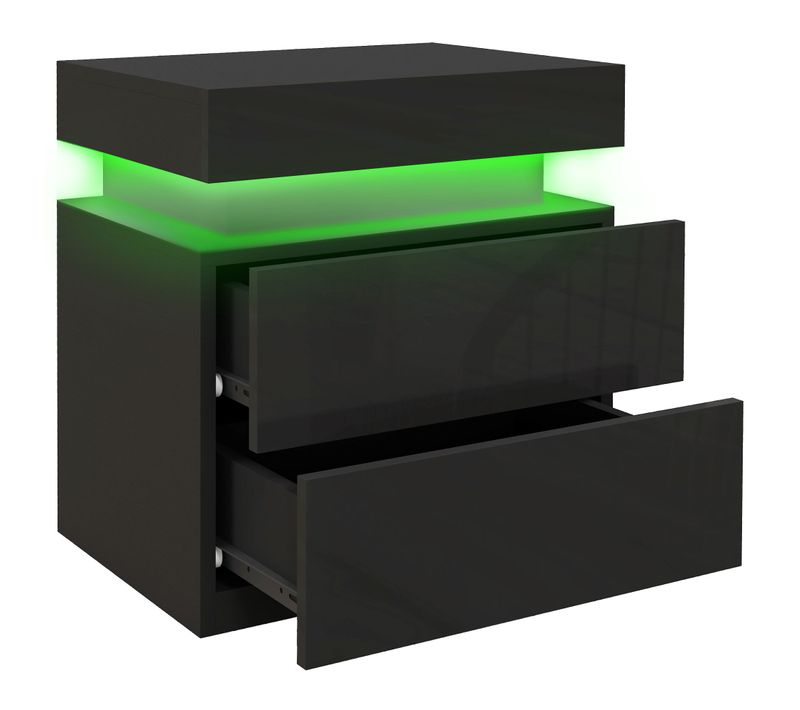 Chevet Table De Nuit Design LED 2 Tiroirs Façade Laquée Noir