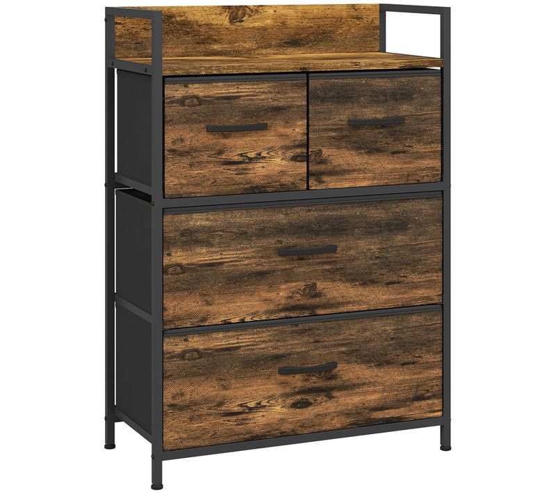 Commode Style Industriel - 4 Tiroirs - Acier Noir Non Tissé Plateau Effet Bois