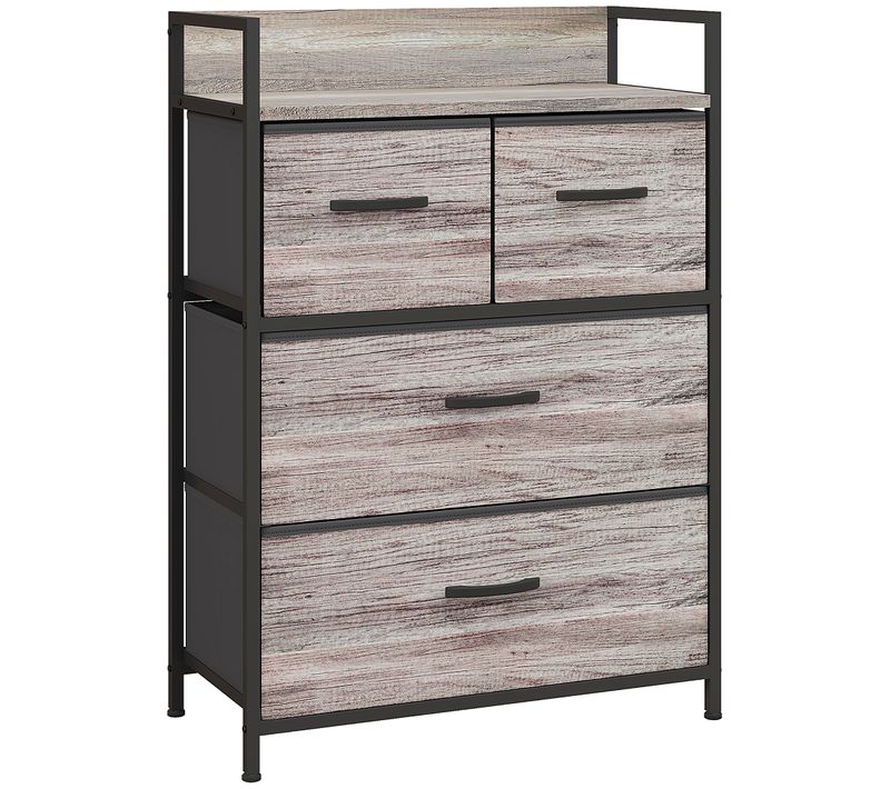 Commode Style Industriel - 4 Tiroirs - Acier Noir Non Tissé Plateau Effet Bois