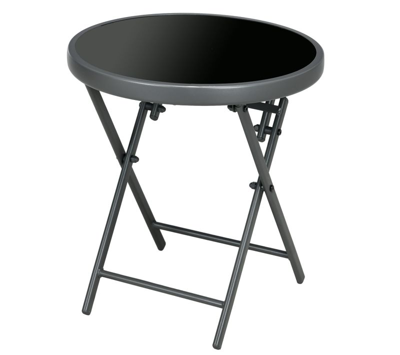 Table Basse Pliable D'appoint Dia. 45 Cm Acier Gris Plateau Verre Trempé Noir