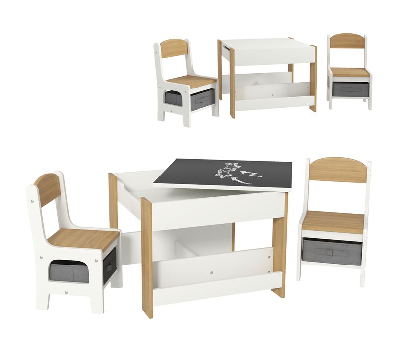 Ensemble 3 Pièces Table 2 Chaises Enfant Plateau Table Réversible Rangements