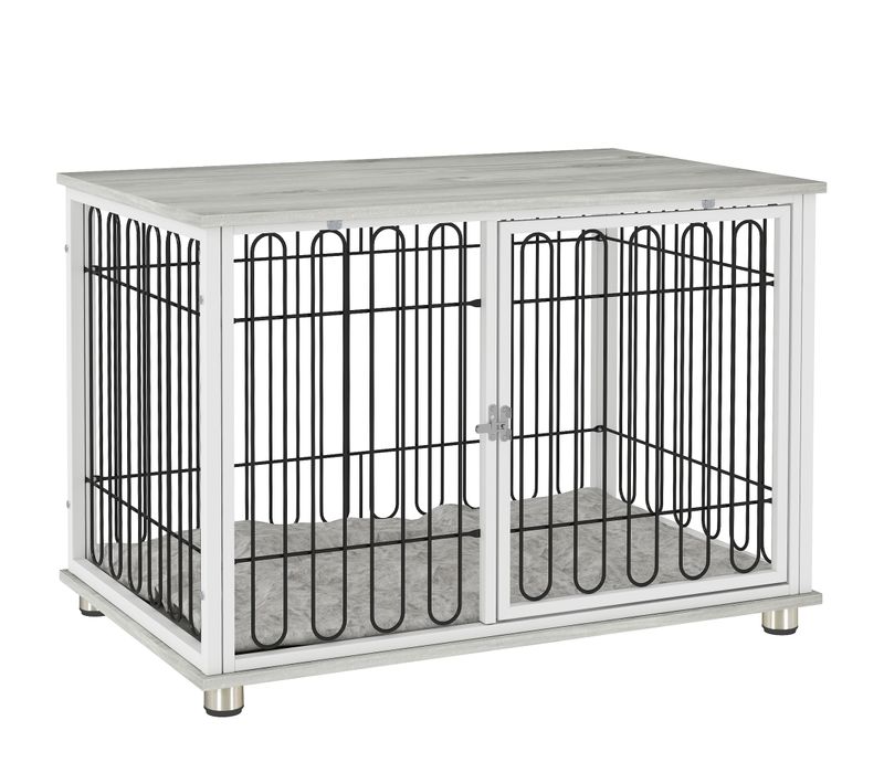 Cage Chien Avec Coussin - Porte Verrouillable - Effet Bois Gris