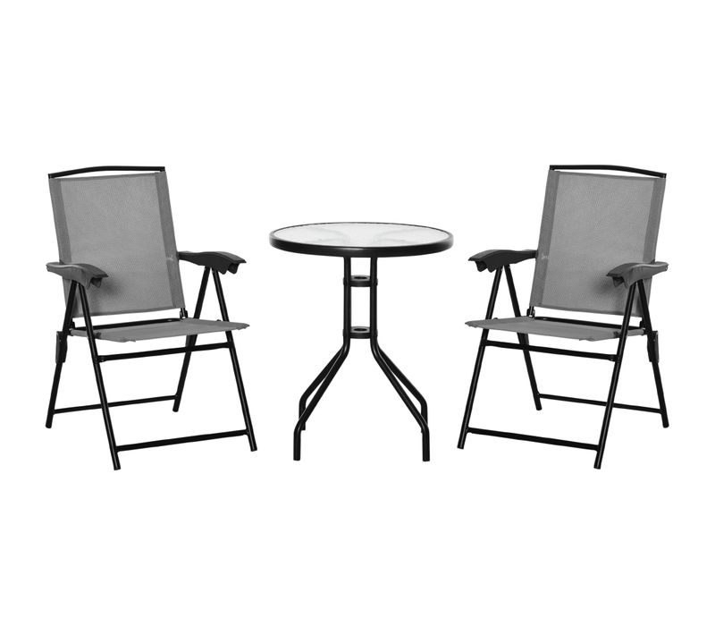 Ens. De Jardin 3 Pièces 2 Chaises Inclinables Pliables + Table Ronde