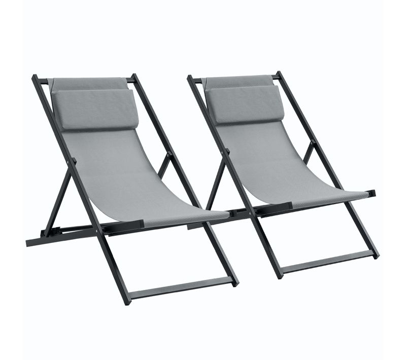 Lot De Chiliennes Inclinables Avec Tétière Alu Noir Textilène Gris