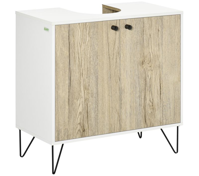 Meuble Sous-vasque 2 Portes Étagère Acier Noir Aspect Bois Clair Blanc