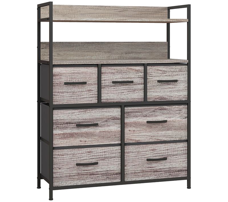 Commode Style Industriel - 7 Tiroirs, 2 étagères - Acier Noir Effet Bois