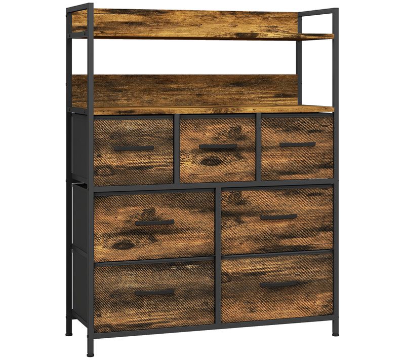 Commode Style Industriel - 7 Tiroirs, 2 étagères - Acier Noir Effet Bois