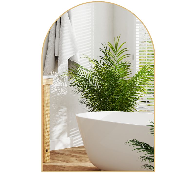 Miroir Mural Arqué 60 X 90 Cm Haute Définition Cadre Alliage Aluminium Doré