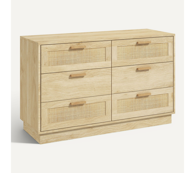Commode 6 Tiroirs Style Bohème Chic Rotin Effet Bois Clair Naturel