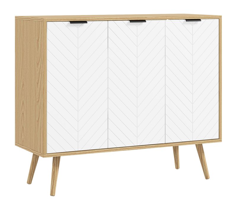 Buffet Scandinave 3 Portes 2 Étagères Bois Pin Portes Chevrons Blanc Bois Clair