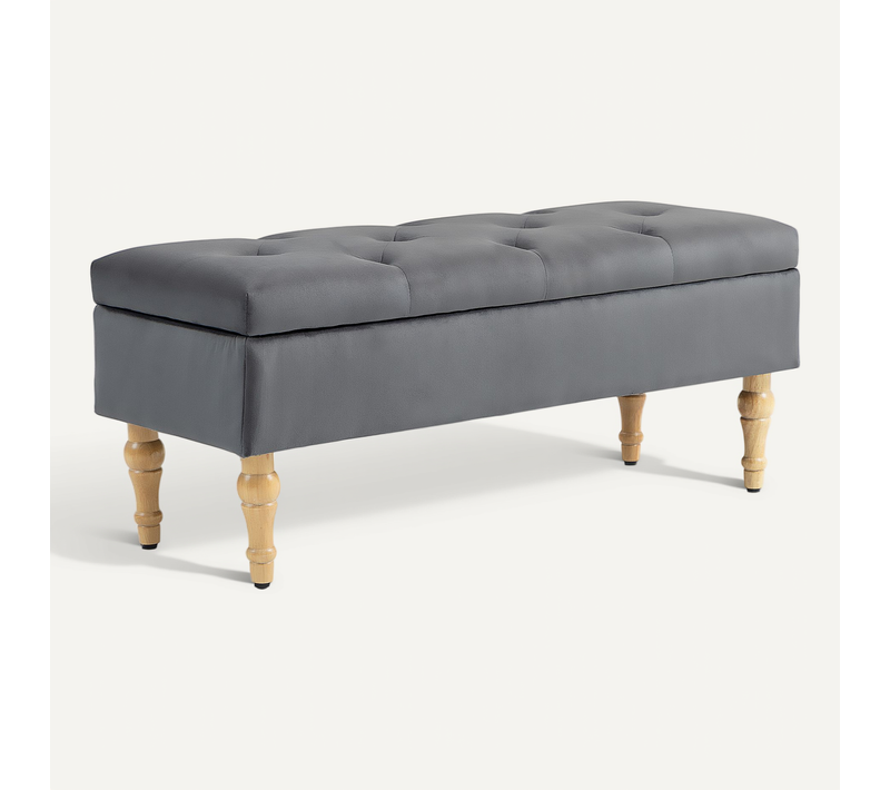 Banquette Coffre Style Baroque Bois Assise Effet Capitonné Velours Gris