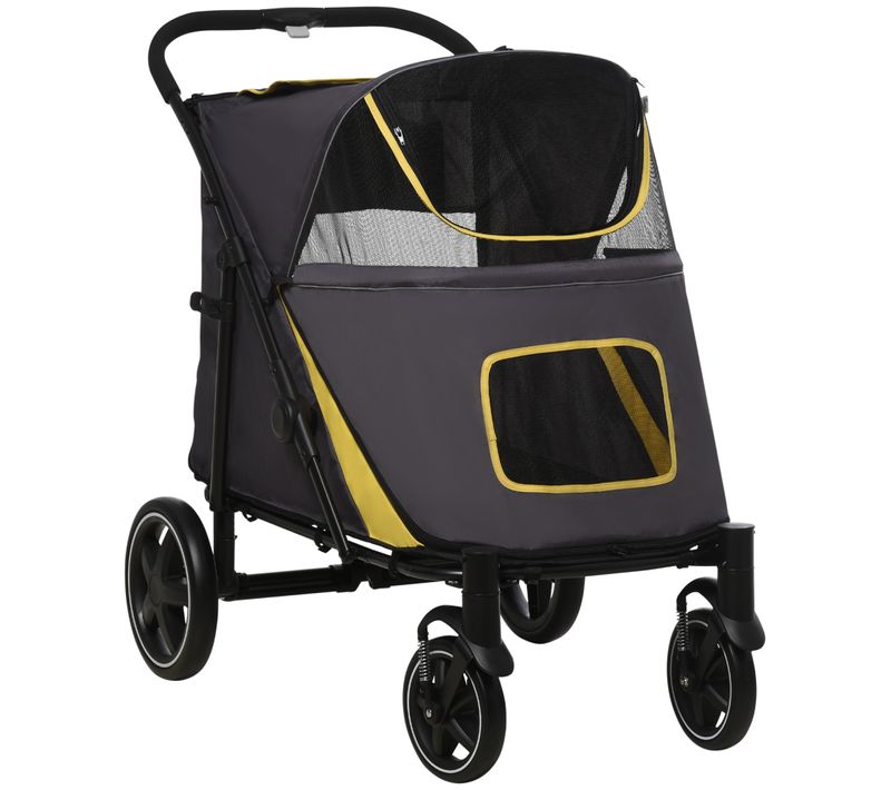 Poussette Pour Chien Pliable 4 Roues 2 Portes Rangements Noir Gris Jaune