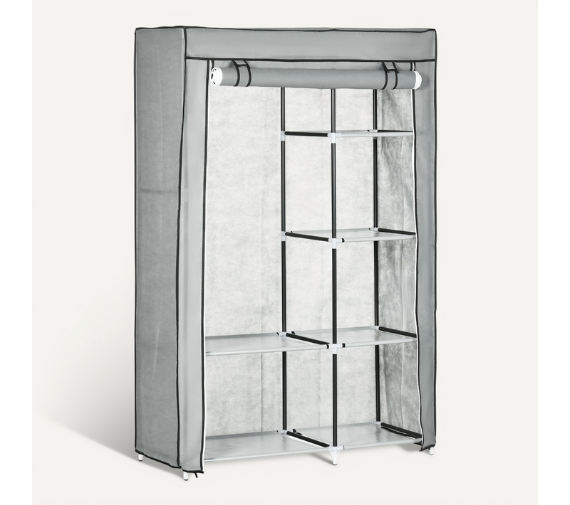 Armoire Penderie Multi-rangement - 6 étagères, 1 Barre - Non Tissé Gris
