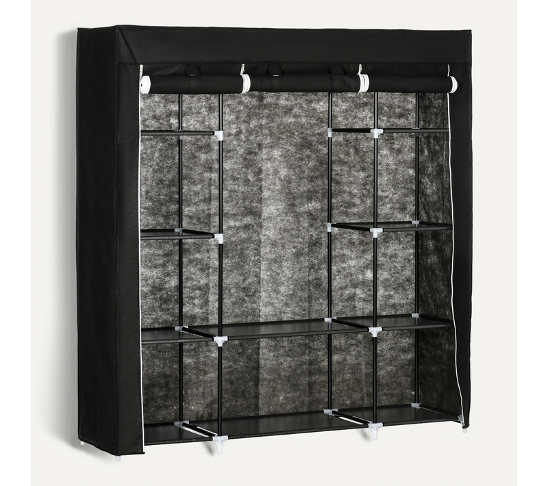 Armoire Penderie Toile - Armoire Tissu - 10 étagères, Tringle - Noir