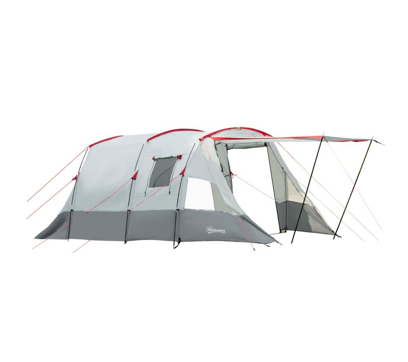 Tente De Camping Familiale 6-8 Personnes - Portes, Fenêtres, Sac De Transport - Gris Clair