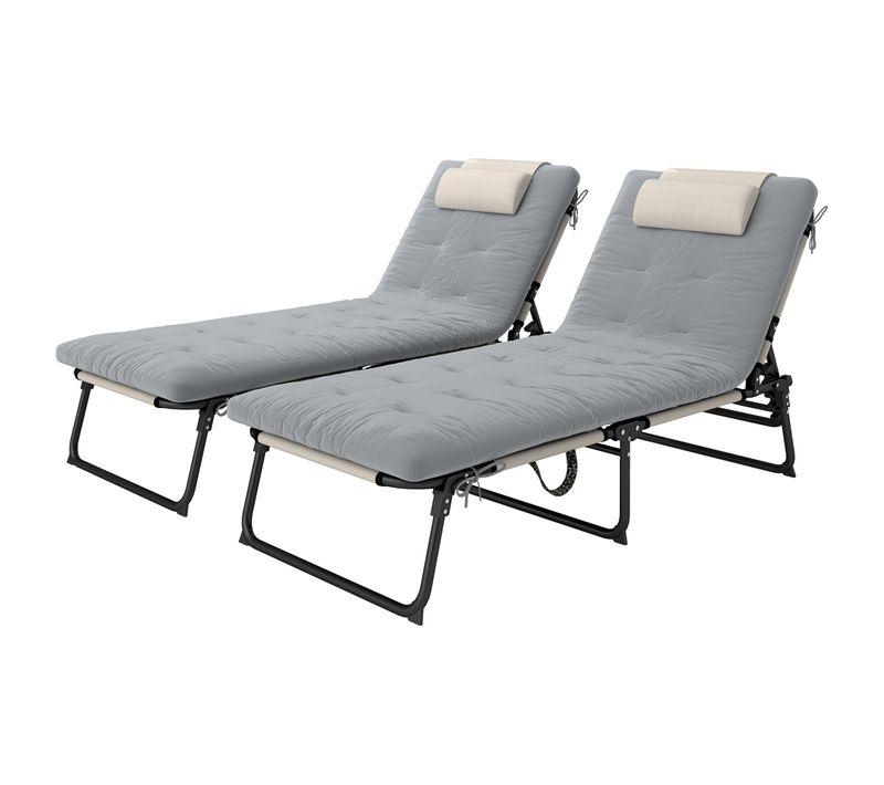 Lot De 2 Transats Pliables Inclinables - Matelas Épais - Métal Tissu