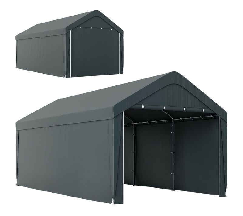 Abri Voiture Extérieur 590l x 300l x 280h cm 2 Portes Zippées Enroulables Pe Et Acier Gris