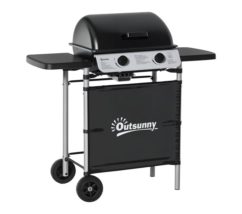 Barbecue Gaz 2 Brûleurs 2,8kw - Couvercle, 2 Tablettes, 2 Roues - Gris Noir