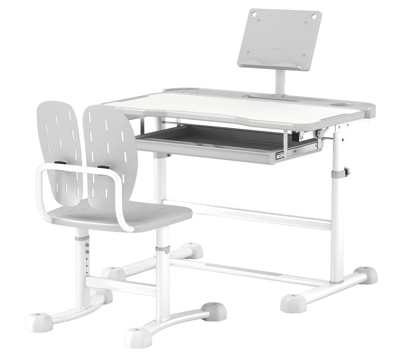 Bureau Enfant Inclinable Réglable Avec Chaise Multi-rangement Gris Blanc