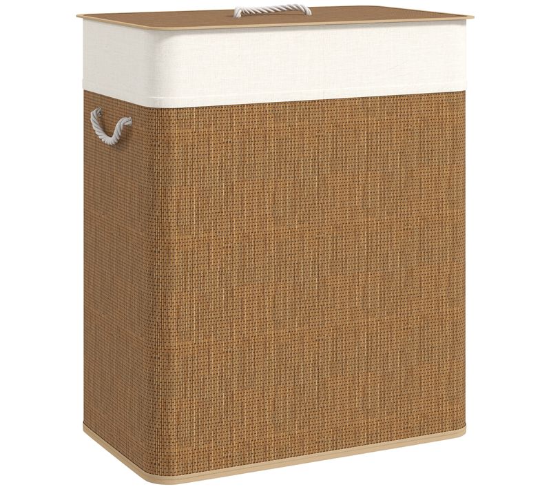 Panier à Linge Double 100l Couvercle Et Poignées Tissage Bambou