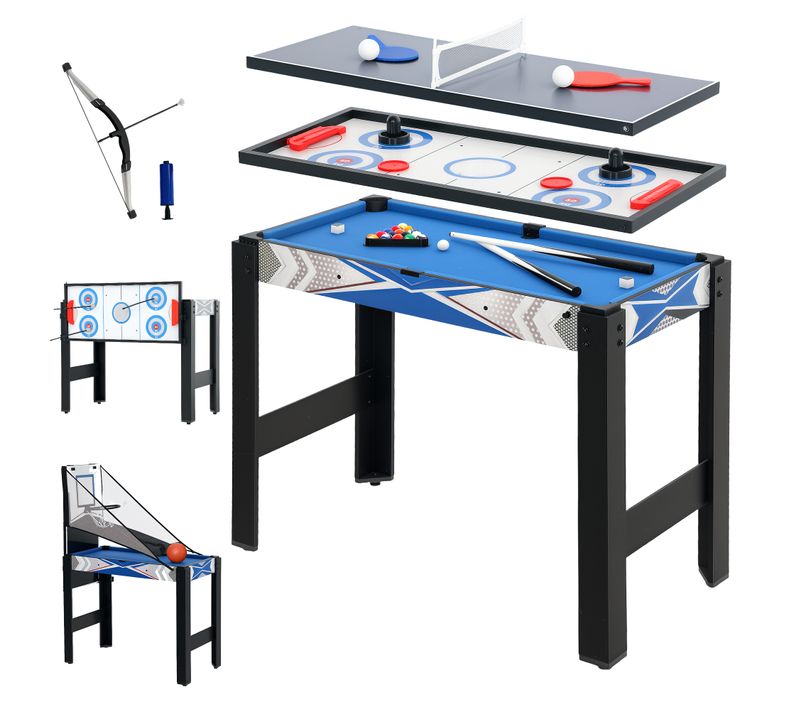 Table Multi Jeux 5 En 1 - Billard, Ping-pong, Air Hockey, Basketball, Cible Fléchettes - Bleu