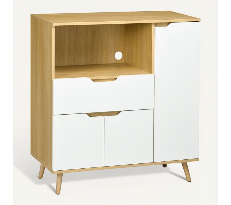 Buffet De Cuisine Style Scandinave - 3 Portes, étagère, Niche, Tiroir - Effet Bois Naturel Blanc
