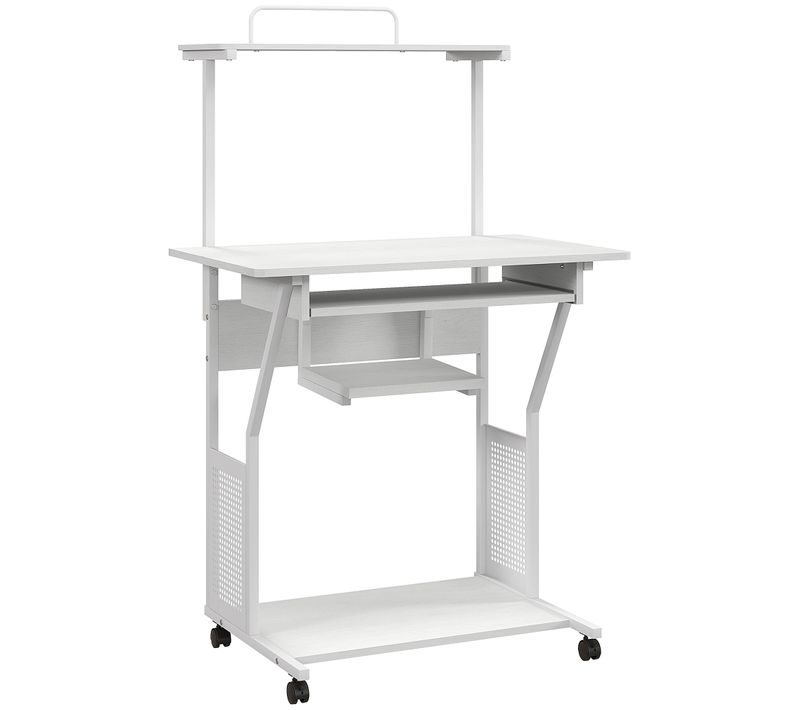 Station De Travail Mobile - 3 Étagères, Tablette Clavier - Blanc