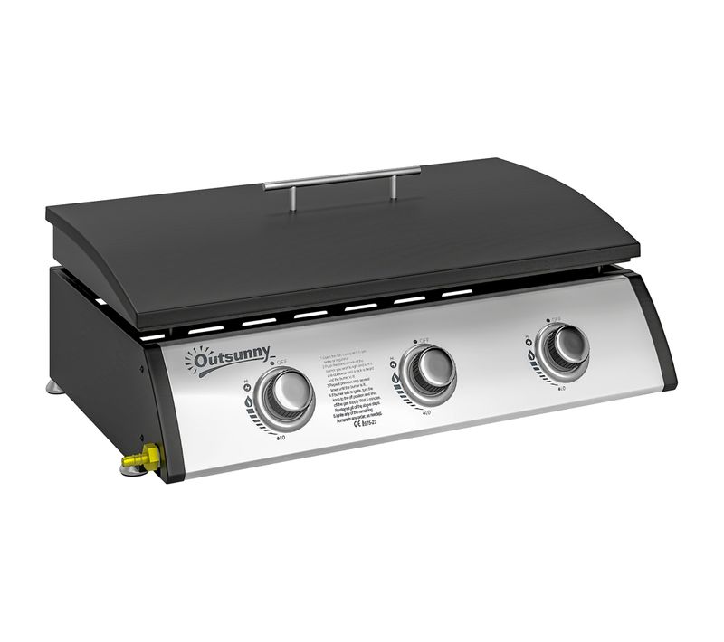 Plancha Gaz Avec Couvercle - 3 Brûleurs Total 7,5 Kw - Détendeur Tuyau Inclus
