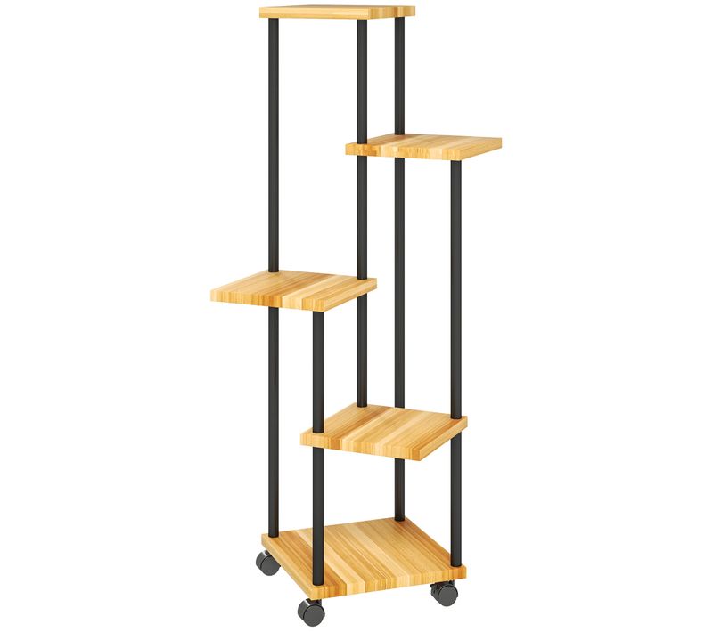 Etagère à Fleurs 5 Niveaux Sur Roulettes Acier Bois Verni