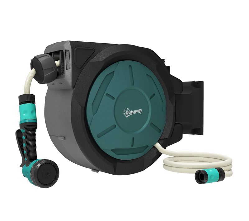 Dévidoir Mural Pivotant 180° Enroulage Automatique Tuyau 25+2m Vert Noir