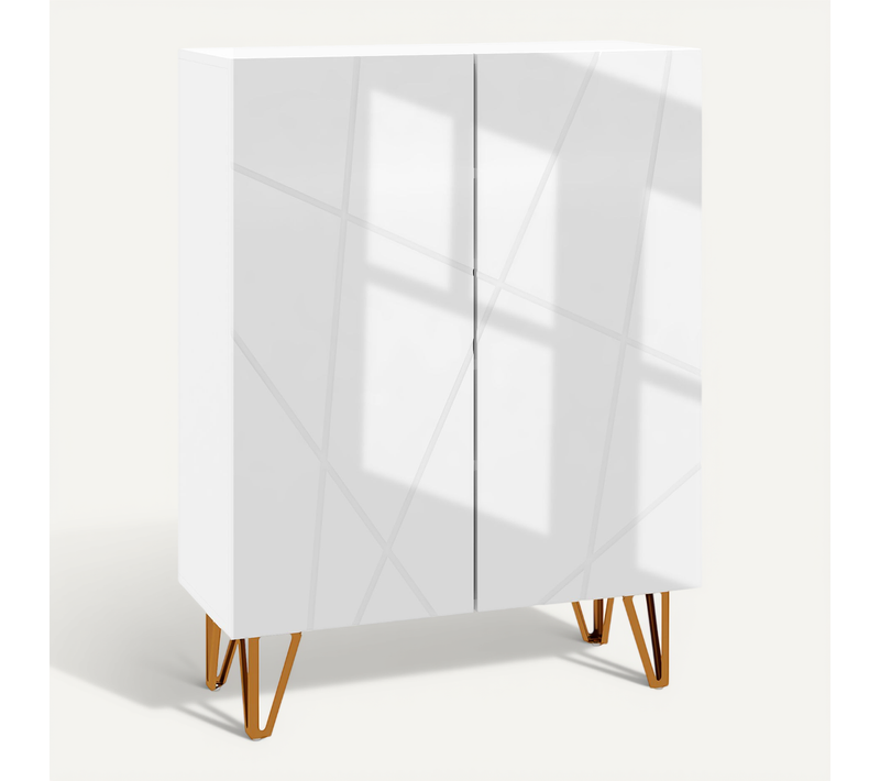 Meuble à Chaussures Style Art Déco 2 Portes 5 Niveaux Acier Doré Façade Laquée
