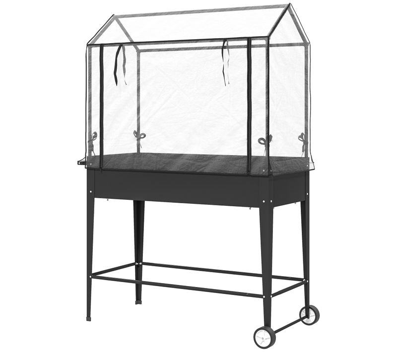 Jardinière Sur Pied Avec Serre - 2 Roues - 100 X 45 X 152 Cm - Métal Pvc Noir