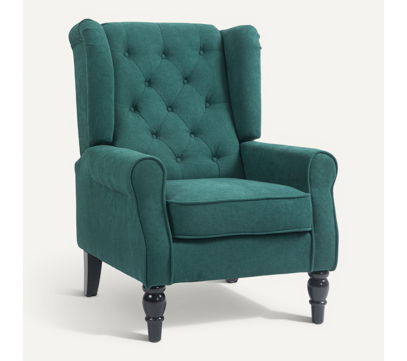 Fauteuil à Oreilles Style Chesterfield Dossier Capitonné Bois Noir Tissu