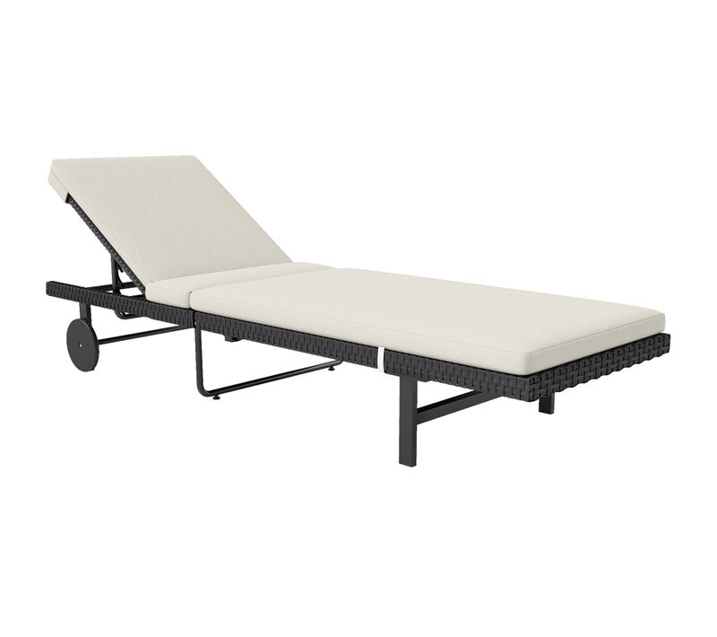 Bain De Soleil Transat Inclinable 2 Roues Avec Matelas Noir Blanc Cassé