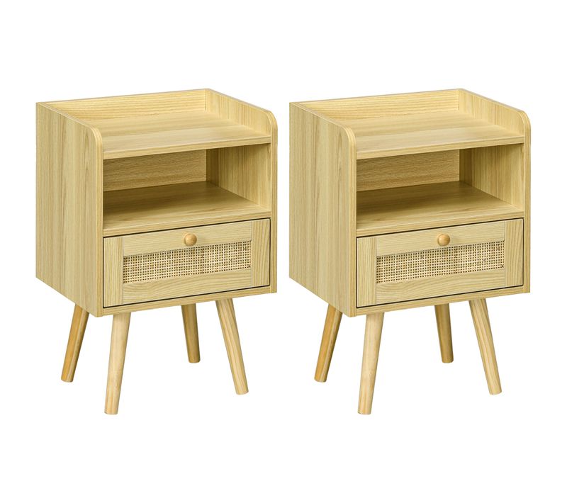 Lot De 2 Chevets Tables De Nuit Style Bohème Cannage Bois De Pin Effet Bois Clair