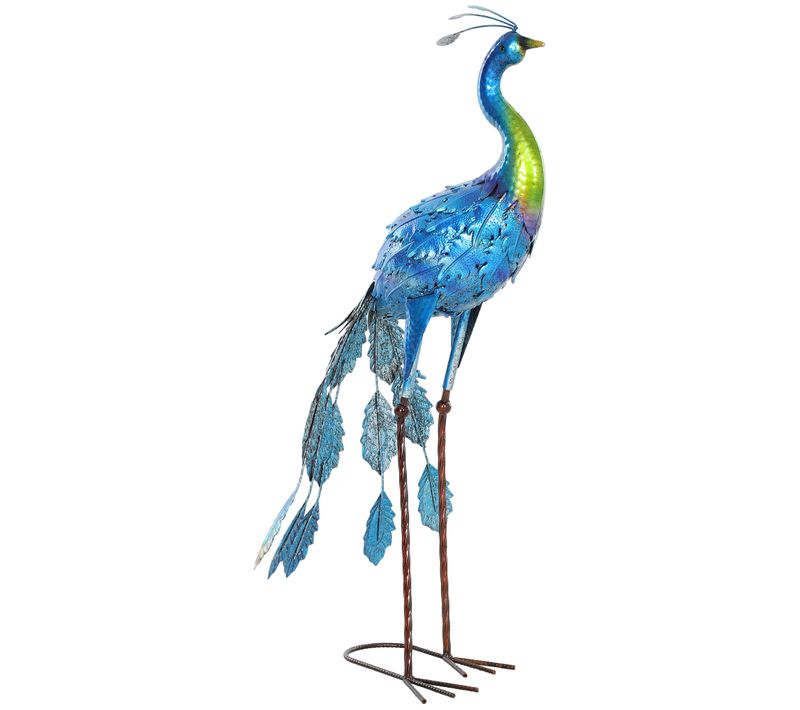 Statue De Jardin Paon H. 83 Cm Métal Bleu Effet Vieilli