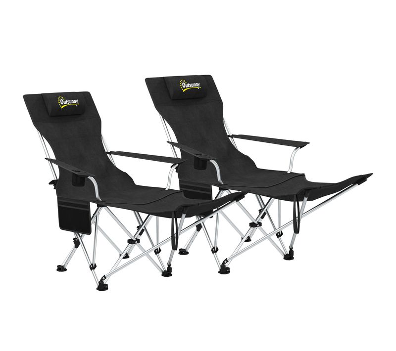 Lot De 2 Chaises De Camping Pliantes Repose-pied Amovible Sac Noir