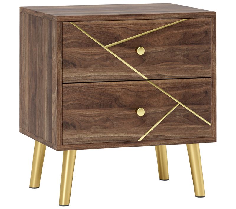 Table De Chevet 2 Tiroirs Acier Poignées Boutons Lignes Dorées Effet Bois