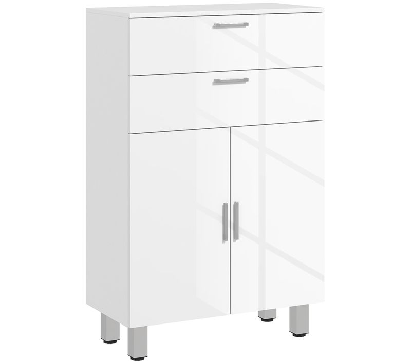 Meuble Bas Salle De Bain Façade Blanc Laqué 2 Portes 2 Étagères 2 Tiroirs