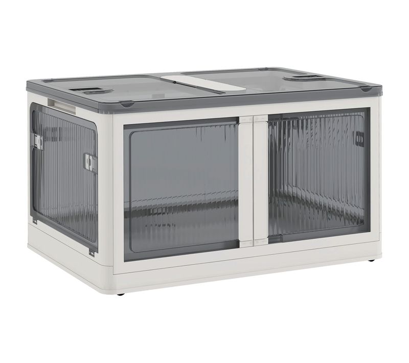 Boîte De Rangement Plastique 99l Pliable Empilable Couvercle 4 Roulettes Blanc Gris